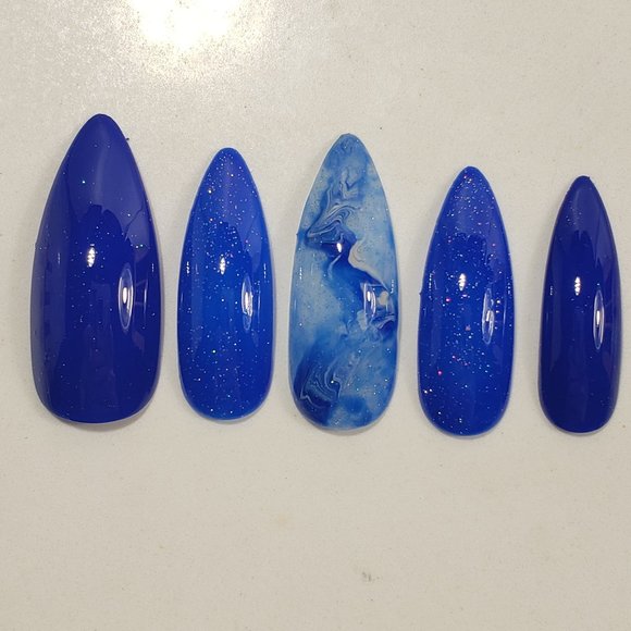 Custom gel Press on Nails Handmade 10 pc set fall blue light grey marble sparkle - Picture 1 of 8